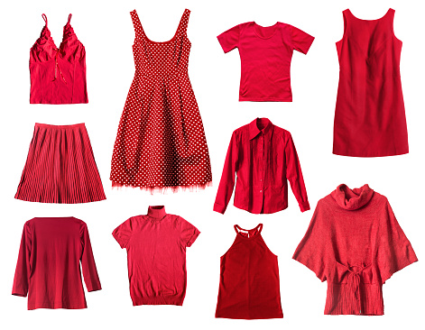 Set of red female clothes on white background