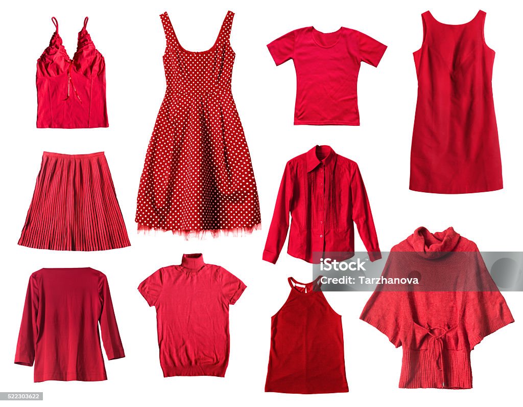 Red clothes Set of red female clothes on white background Red Stock Photo