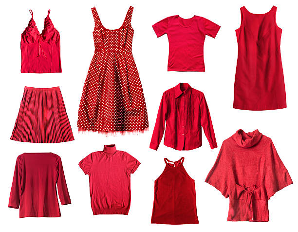 Red clothes Set of red female clothes on white background blouse stock pictures, royalty-free photos & images