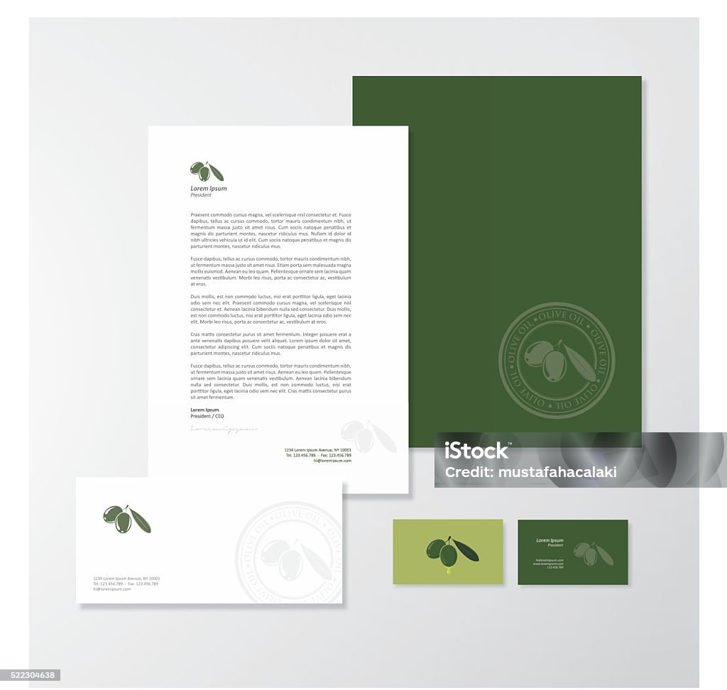 Olive oil company branding design Stationery design for an olive oil company. Letterhead, folder, envelope and business card with logo. All design elements are layered and grouped. Eps10, contains transparent objects. Template stock vector