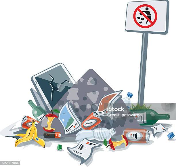 Isolated Littering Garbage Trash Stack With No Littering Sign Stock Illustration - Download Image Now