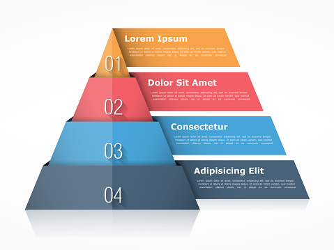 Pyramid chart with four elements with numbers and text, pyramid infographic template, pyramid diagram for presentations, vector eps10 illustration