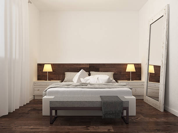 interior minimalista dormitorio - bedroom authority bed contemporary fotografías e imágenes de stock