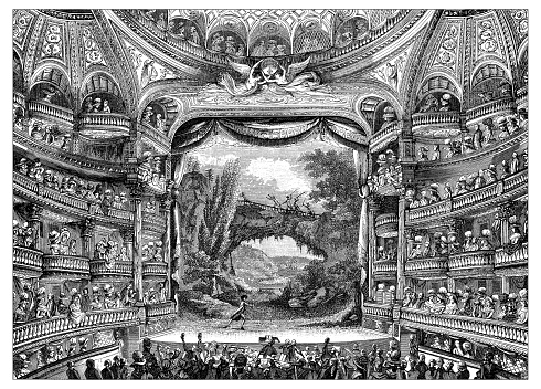 Antique illustration of 18th century view of the interior of Théâtre des Variétés-Amusantes, a theatre in Paris, now called The Comédie-Française. Interior as it was during 18 th century with the crowded house and wings (with galleries and boxes), stage, apron and backdrop (with nature set), There is also an actor performing on stage.