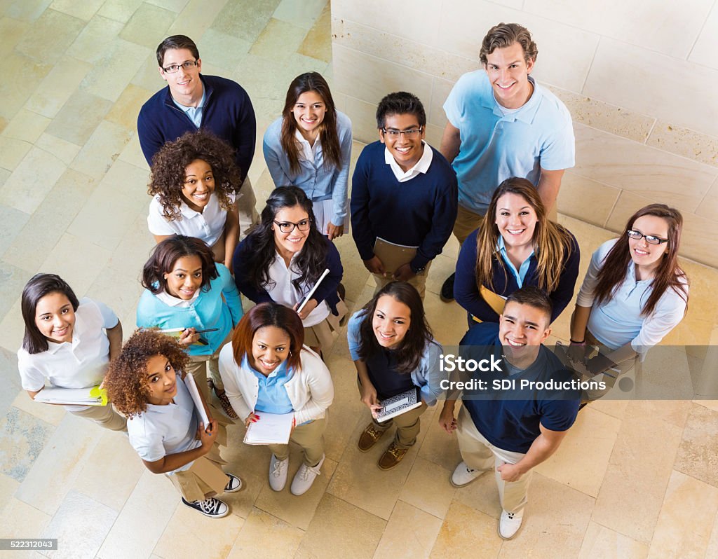 View from above of diverse private high school students View from above of diverse private high school students  Looking Up Stock Photo