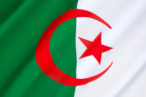 Flag of Algeria - The white represents peace; the green Islam; the red, the blood of those killed fighting for independence in the Algerian War (1954 to 1962) and the star and crescent represent Islam. Adopted on 3rd July 1962.