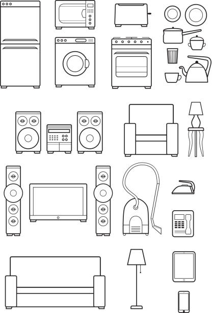 set outline icons of household appliances set of black outline icons of household appliances tumble dryer stock illustrations