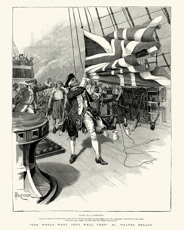 A British Royal Navy captain lowering the Union Jack onboard his warship, 18th Century. Striking the colors, meaning to lower the flag (the colors) which signifies a ship's or garrison's allegiance, is a universally recognized indication of surrender, particularly for ships at sea. London Illustrated News, 1886