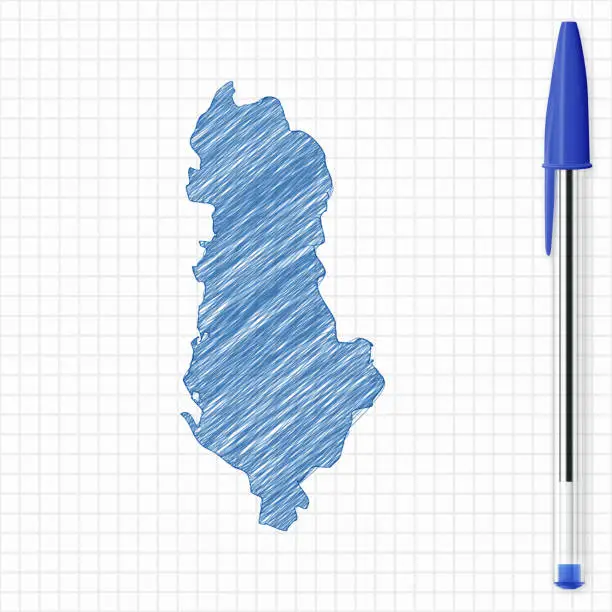 Vector illustration of Albania map sketch on grid paper, blue pen