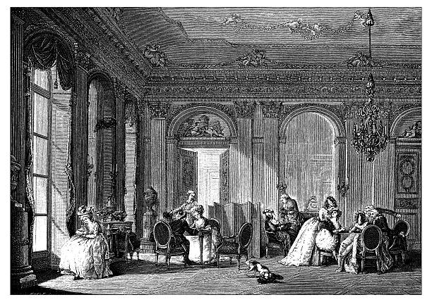 antike abbildung eines neoklassizistischen französischen 18. jahrhundert wohnzimmer - domestic room palace chandelier nobility stock-grafiken, -clipart, -cartoons und -symbole