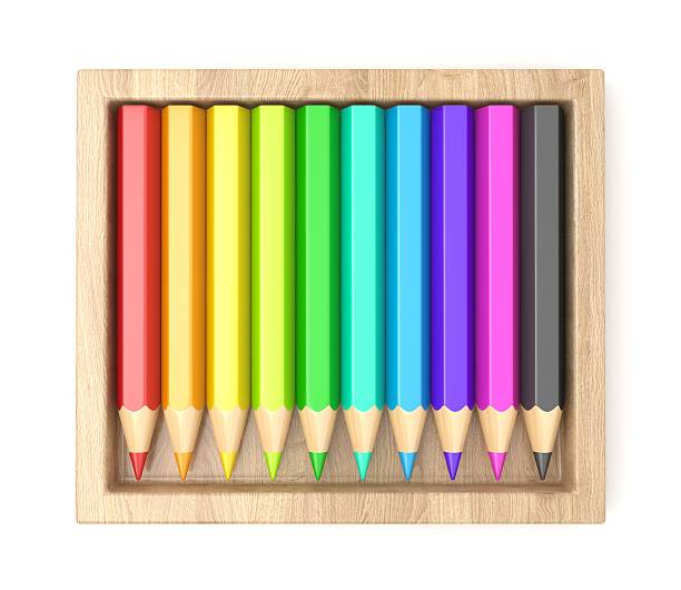 Wooden box with colorful pencils. 3D