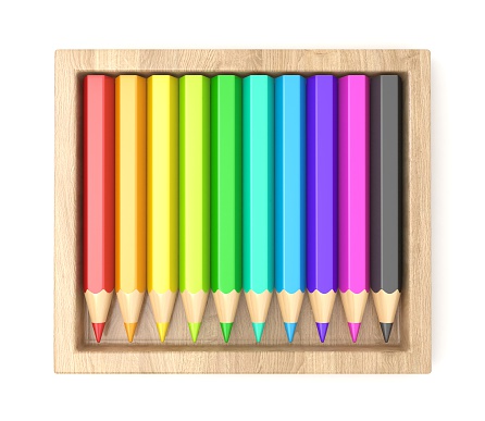 Wooden box with colorful pencils. 3D render illustration isolated on white background