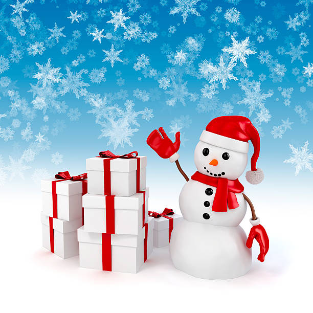 istock 3d happy snowman and presents with snowflakes background 522317203