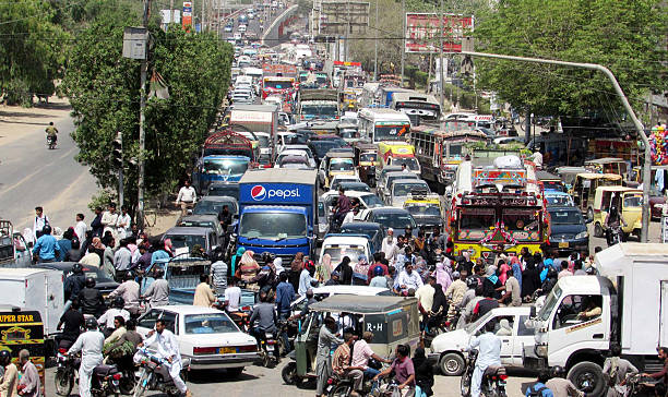 Traffic jam due to protest of government teachers stock photo