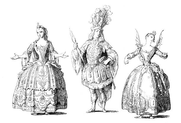 antike abbildung eines im 18. jahrhundert beim französischen bühnenkostüm - stage costume illustrations stock-grafiken, -clipart, -cartoons und -symbole