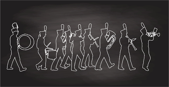 A chalk outline vector silhouette illustration of a marching banch wearing festive hats and playing such instruments as a trumpet, clarinet, tuba, flute, saxophone, snare drum, and bass drum. This file is to be used for batch editing. It can contain active and deleted keywords. Pasting this file data will update and delete keywords accordingly.