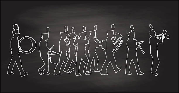 Blackboard BigBand A chalk outline vector silhouette illustration of a marching banch wearing festive hats and playing such instruments as a trumpet, clarinet, tuba, flute, saxophone, snare drum, and bass drum. This file is to be used for batch editing. It can contain active and deleted keywords. Pasting this file data will update and delete keywords accordingly. pics of a marching band stock illustrations