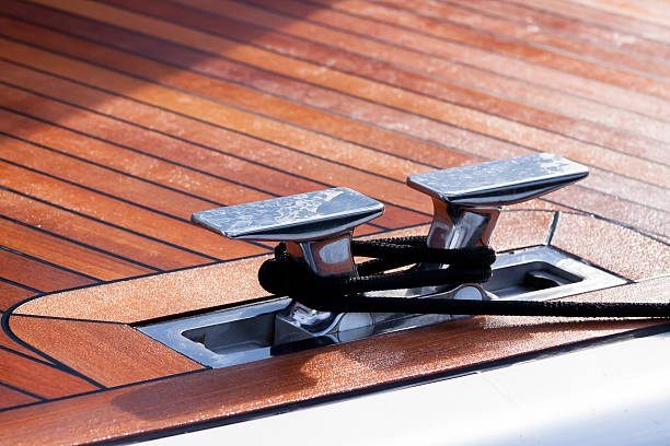 Closeup luxury yacht cleat and hawser, full frame horizontal composition with copy space 