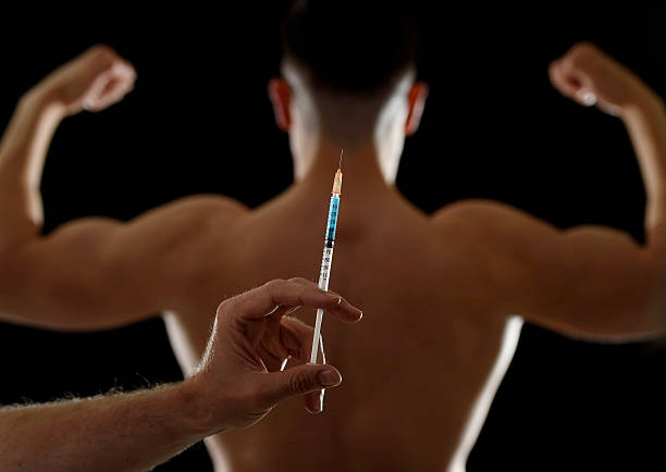 strong back sportsman using steroids increasing performance sport doping concept stock photo