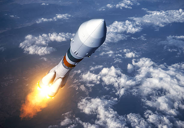 Cargo Carrier Rocket Launch In The Clouds Cargo Carrier Rocket Launch In The Clouds. 3D Scene. model rocket stock pictures, royalty-free photos & images