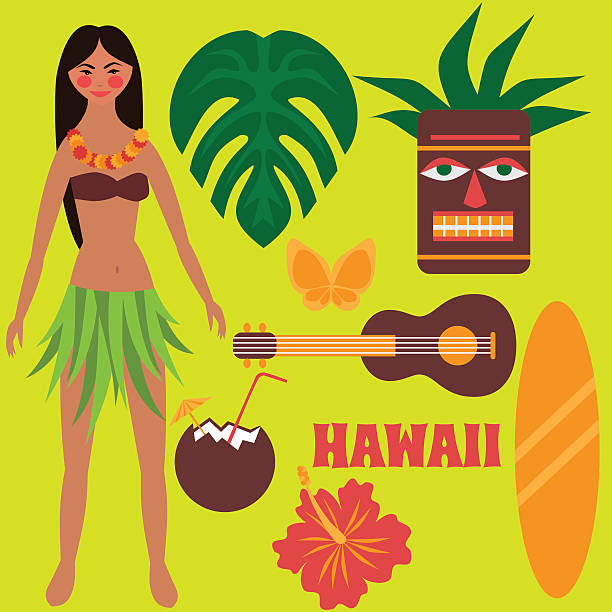 루아우 파티라는, 열대 휴식하다, 하와이 제도, 이국적인 휴가, 훌라 - garland hawaii islands hawaiian culture party stock illustrations