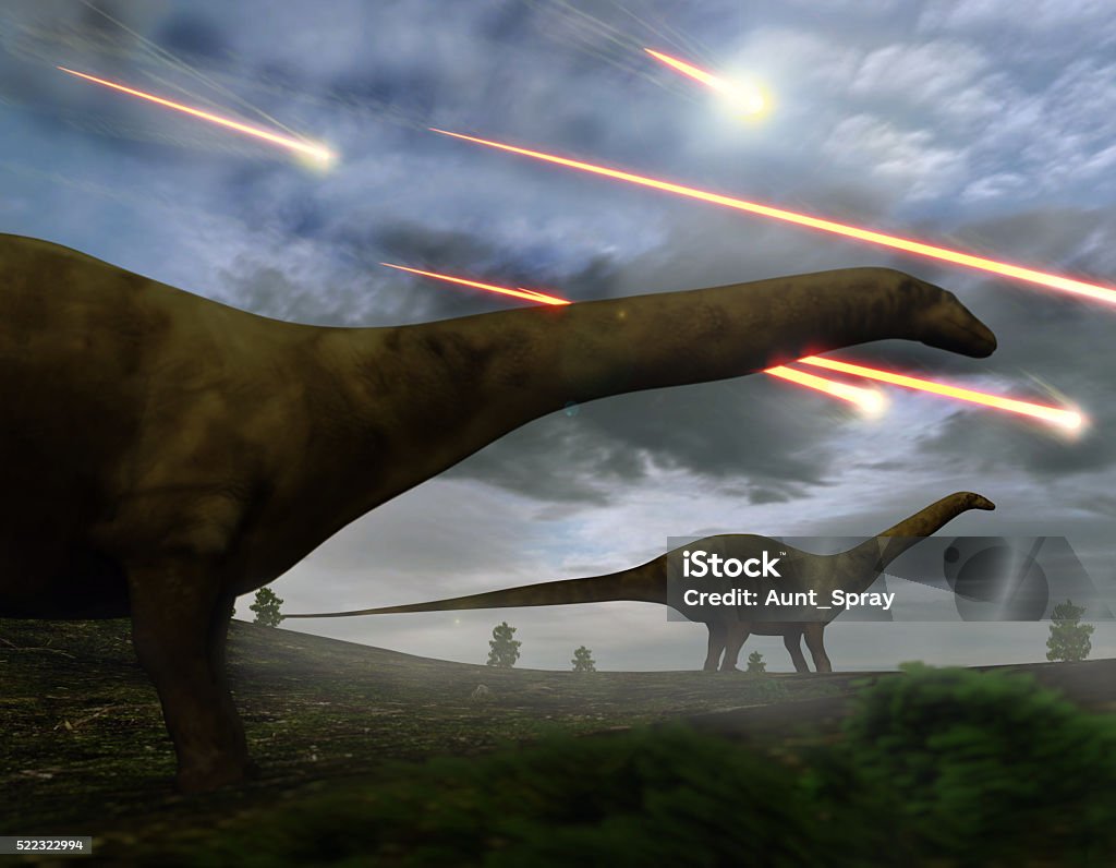Extinction Of The Dinosaurs Meteor Shower Brontosaurs look upon the meteors raining down that preceded the larger asteroid strike that would lead to the extinction of the dinosaurs 65 million years ago. Dinosaur Stock Photo