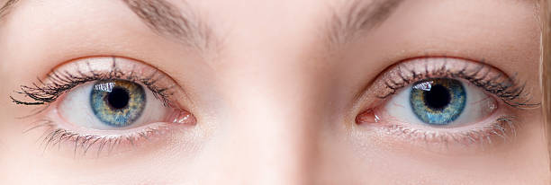 два красивая женщина глаз крупным планом с линзами - reflection women human eye macro стоковые фото и изображения