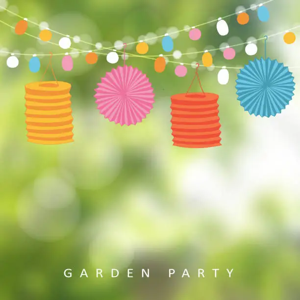Vector illustration of Birthday garden party, Brazilian june party, lights, paper lanterns