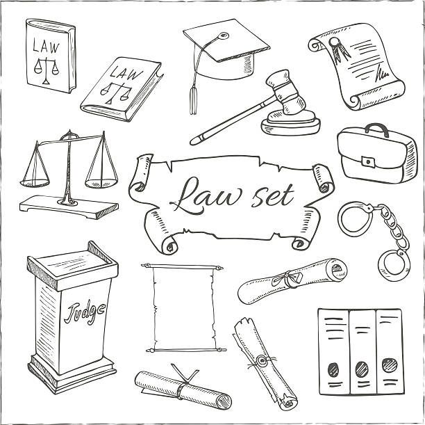Hand drawn law symbols set Hand drawn law symbols set with Holy Bible, scales, handcuffs, hammer and elements of judges clothing. Isolated vector illustration for design, decoration, packages product and interior decoration lawyer drawings stock illustrations