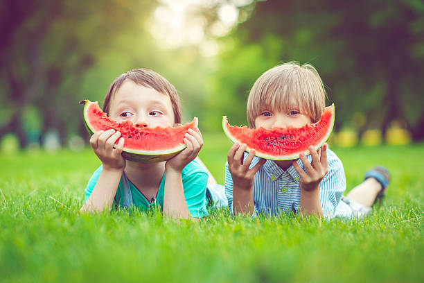 Friends in summer Happy little boys eating watermelon in a park happy sibling day stock pictures, royalty-free photos & images
