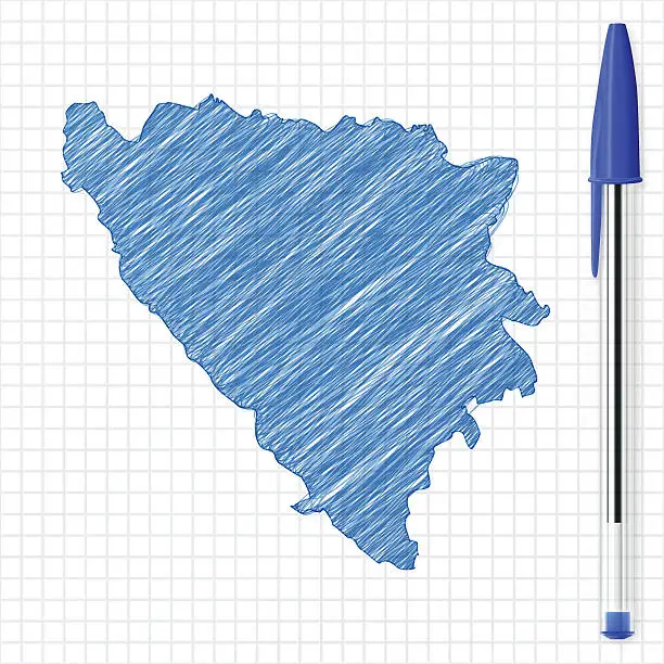 Vector illustration of Bosnia and Herzegovina map sketch on grid paper, blue pen