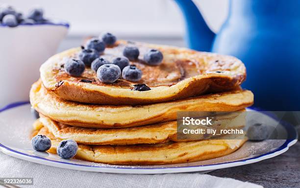 Pancake With Banana Blueberries And Honey Stock Photo - Download Image Now - Pancake, Blueberry, Banana