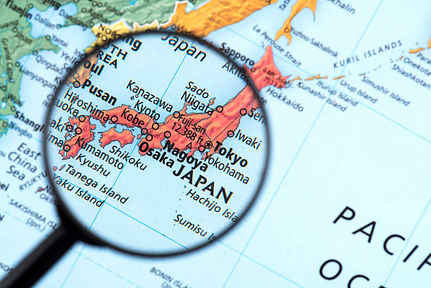 Map of Japan Map of Japan. Detail from the World Atlas. Selective Focus. kanagawa prefecture photos stock pictures, royalty-free photos & images