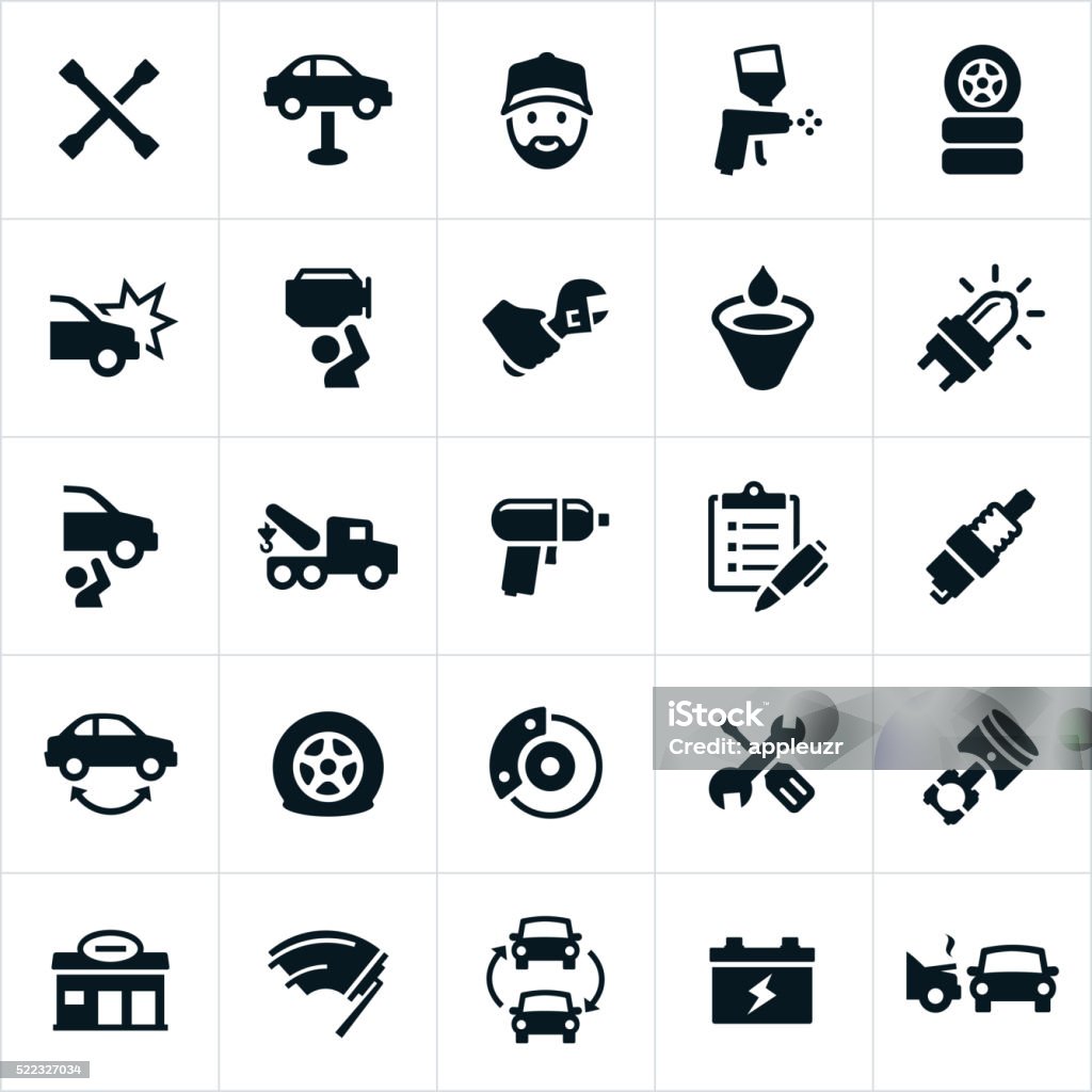 Automotive Repair Icons An icons set representing the automotive repair industry. The icons include cars, vehicles, tools, mechanic, spray gun, tires, wrecked car, fixing, brakes, repair, auto body shop, battery, spark plug and tow truck to name a few. Icon Symbol stock vector