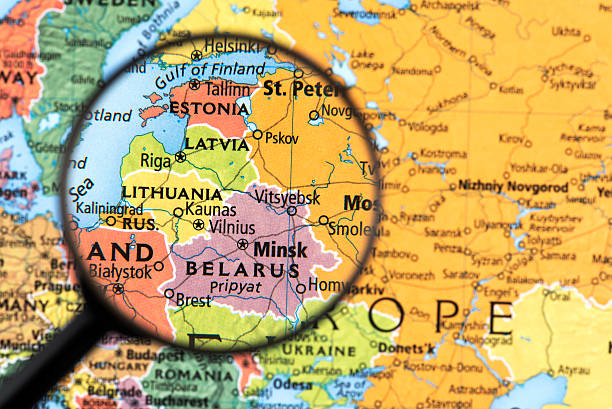 Blue Suriname 3d map with pointer pin surrounded with other countries in white. Political map with borders. 3d render illustration.