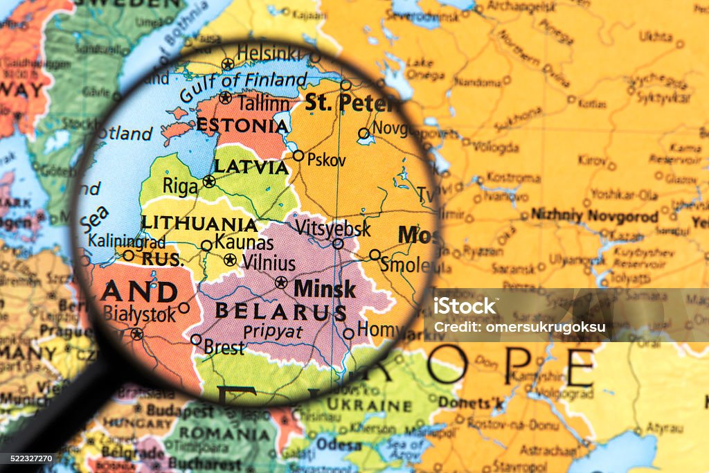 Map of Estonia, Latvia, Lithuania and Belarus Map of Estonia, Latvia, Lithuania and Belarus. Detail from the World Atlas. Selective Focus. Latvia Stock Photo