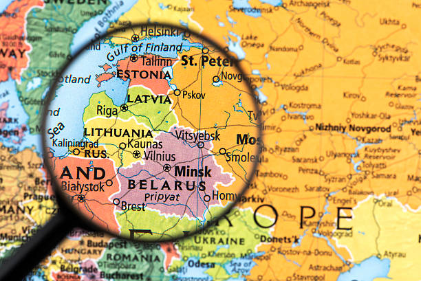 Map of Estonia, Latvia, Lithuania and Belarus Map of Estonia, Latvia, Lithuania and Belarus. Detail from the World Atlas. Selective Focus. latvia stock pictures, royalty-free photos & images