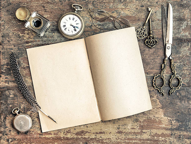 istock Open book and antique writing tools vintage 522328184