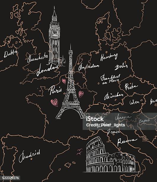 Map With Sights Of Europe On Blackboard Stock Illustration - Download Image Now - Drawing - Activity, Map, Paris - France