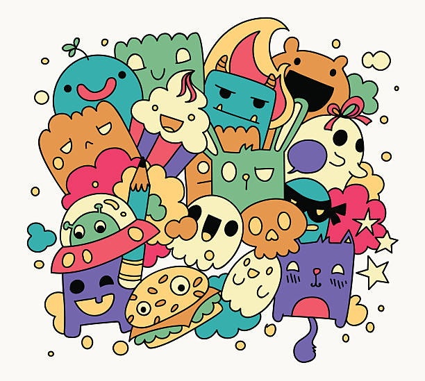 Bright funny doodles Bright funny doodles, vector illustration, cute cartoon characters cool graffiti characters stock illustrations
