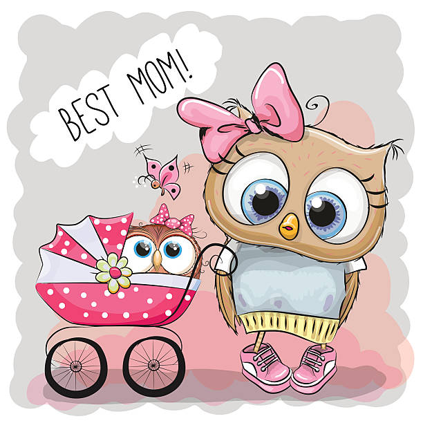 ilustraciones, imágenes clip art, dibujos animados e iconos de stock de tarjeta de felicitación mejor mamá con cochecito de bebé - owl young animal bird mother