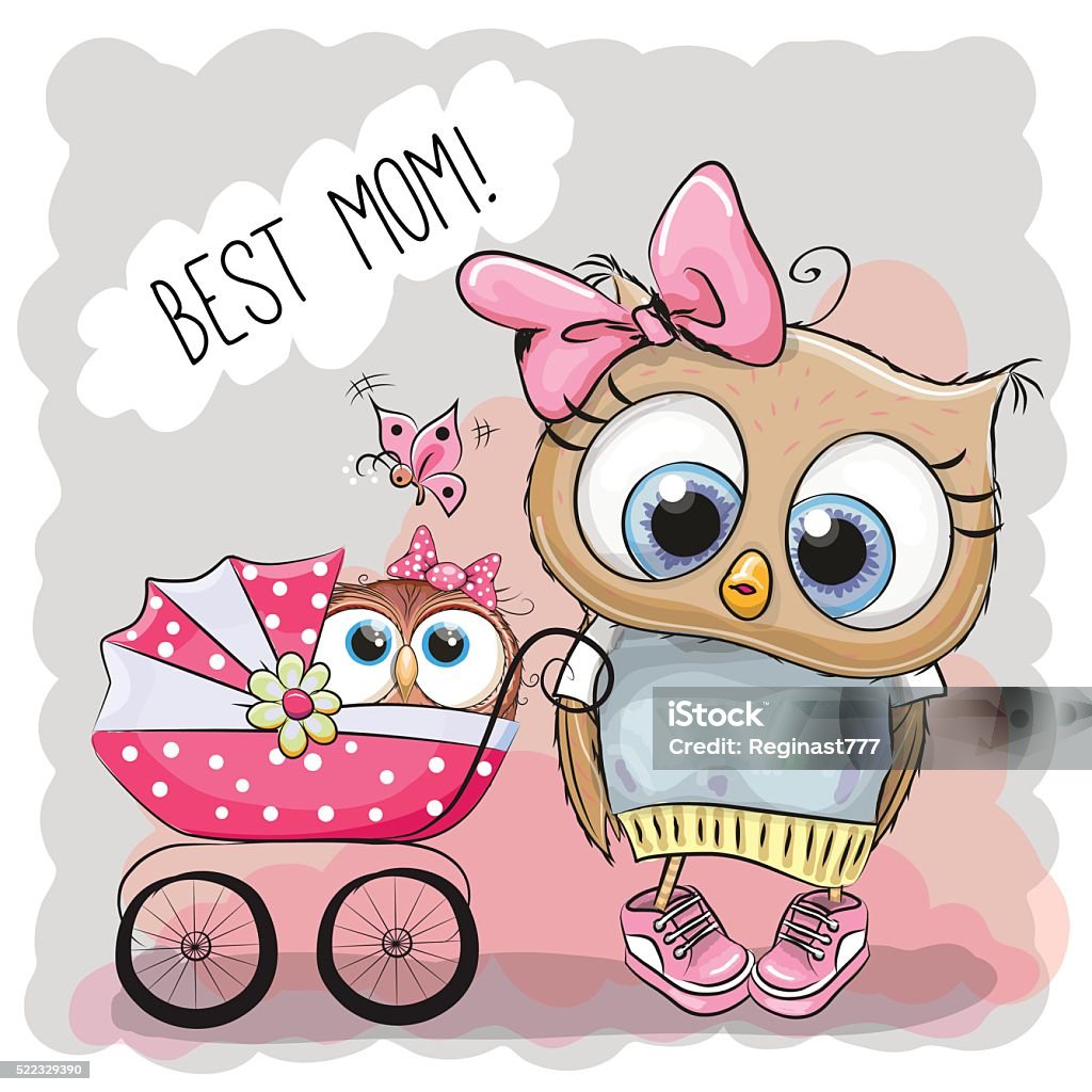 Greeting card Best mom with baby carriage Greeting card Best mom with Cute Cartoon Owls and baby carriage Mother stock vector