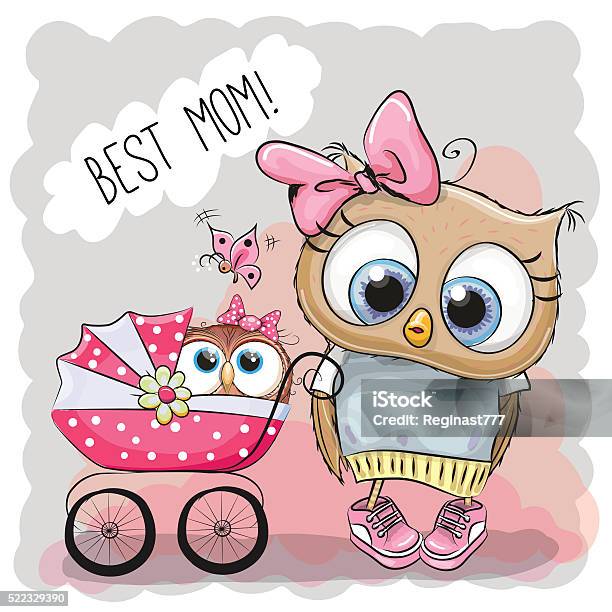 Greeting Card Best Mom With Baby Carriage Stock Illustration - Download Image Now - Mother, Owl, Activity