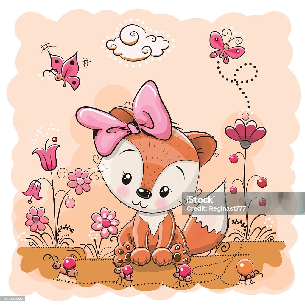 Cute cartoon Fox Cute Cartoon Fox on a meadow with flowers and butterflies Animal stock vector