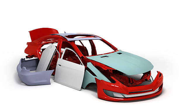 concept car painted red body and primed parts near isolated stock photo