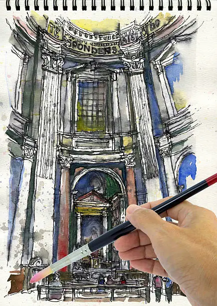 Photo of Hand drawing and painting watercolor  illustration of St. Peter-Basilica, Vatican