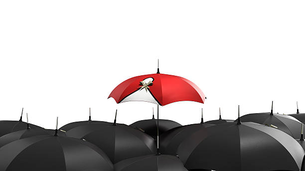 istock 3d render Red umbrella stand out from the crowd 522332210
