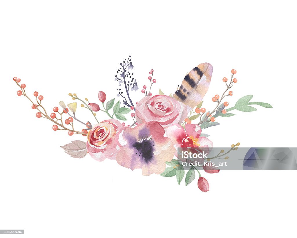 Watercolor vintage floral bouquet. Boho spring flowers and leaf Watercolor vintage floral bouquet. Boho spring flowers and leaf  frame isolated on white background: succulent, branches, leaves, feathers, berries, peony, rose. Hand painted natural design Autumn Stock Photo