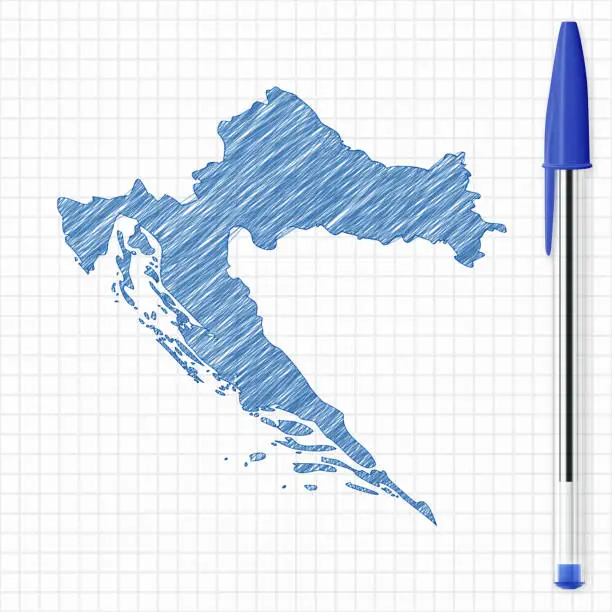 Vector illustration of Croatia map sketch on grid paper, blue pen