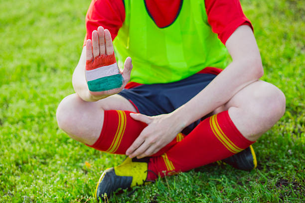 istock Man showing painted Hungary flag, hands 522333330